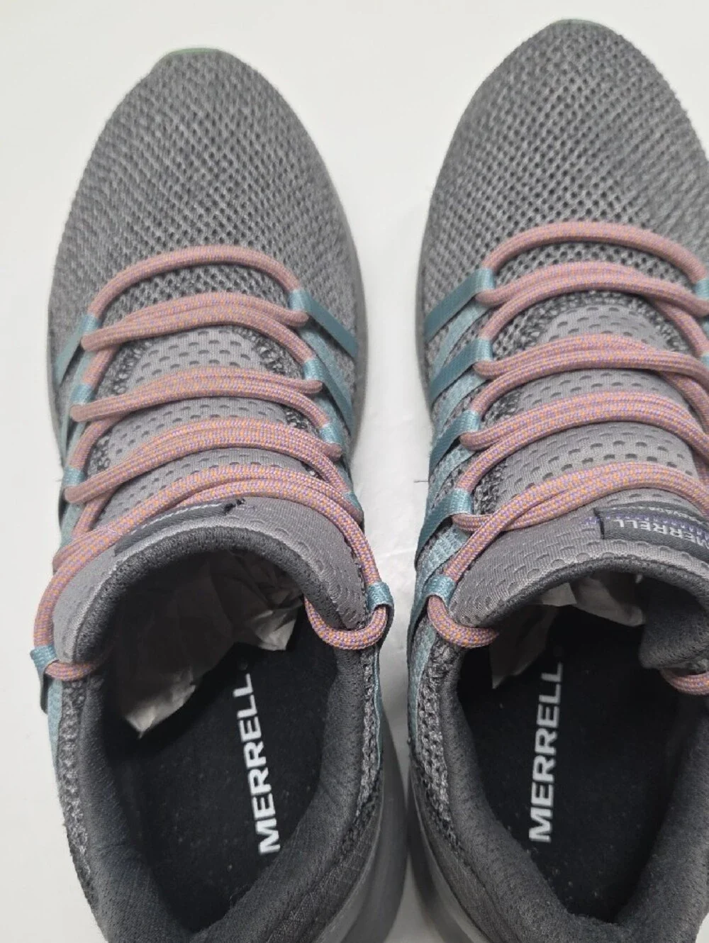 Merrell Gray Knit Sneakers with Pink Laces and Light Blue Straps Size 10W